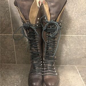 Freebird Dark Brown distressed Roman Knee-High Lace-Up Boots